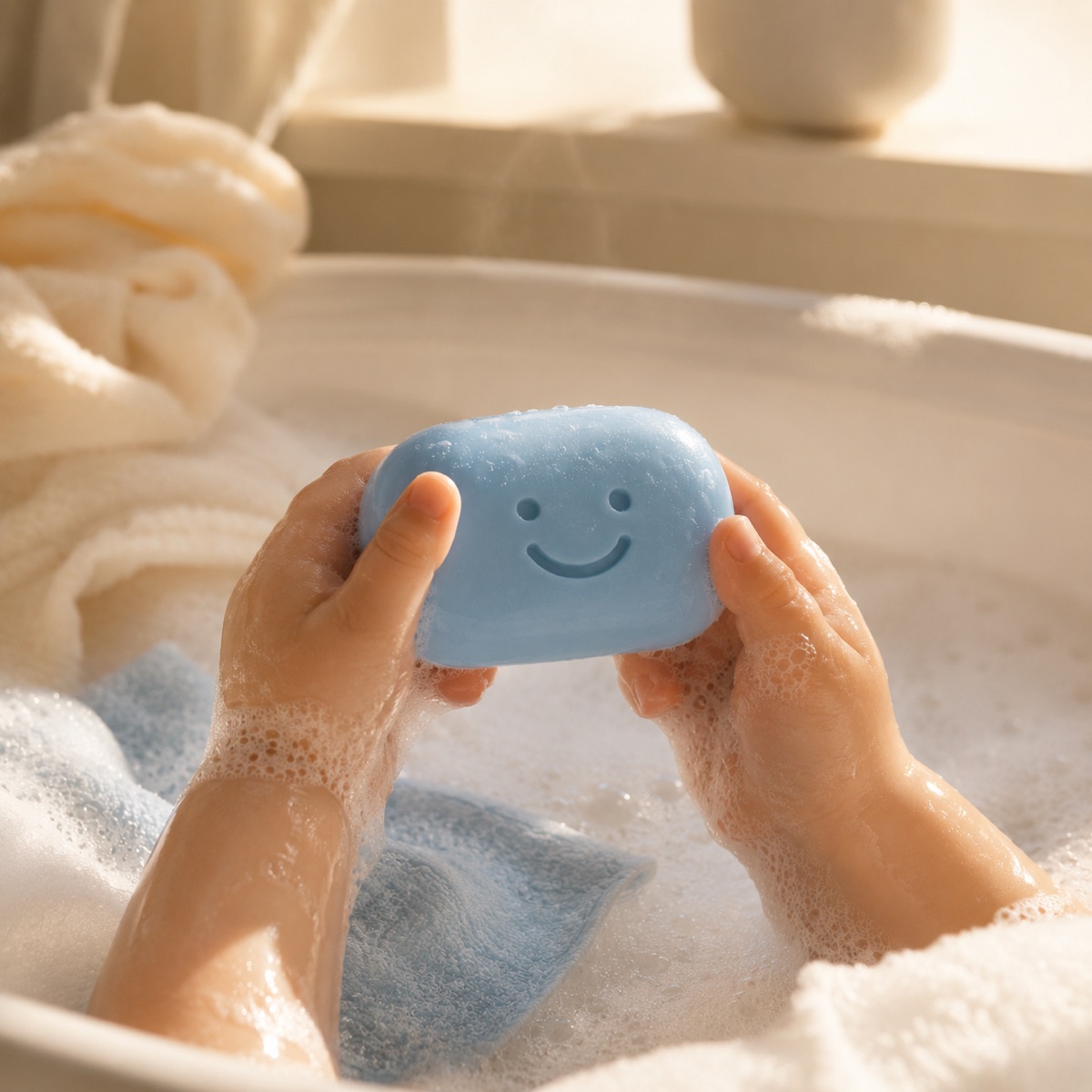 A child's hands holding the smiling blue Tubkins bar in a warm, sudsy bath, soft window light behind.