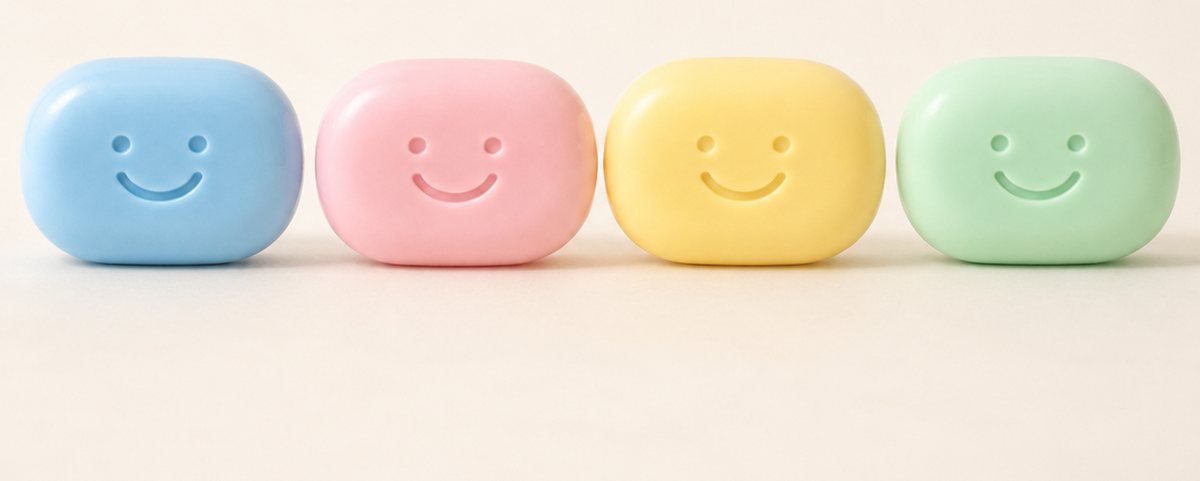 The four Tubkins characters in a row: Tubkins in sky blue, Poppy in pink, Sunny in yellow, and Minty in green, each with the same smiling face.