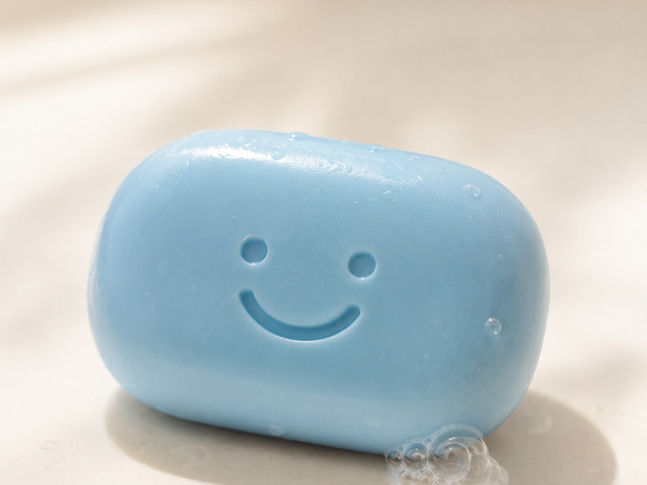 A rounded pale-blue Tubkins baby soap bar with a smiling face pressed into it, wet with soap suds on a cream surface.
