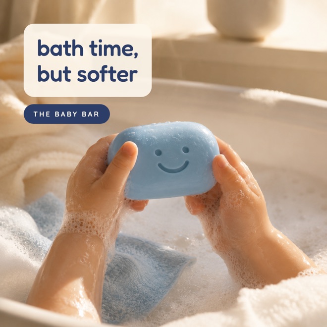 Social tile reading bath time, but softer, showing a child holding the bar in the bath.