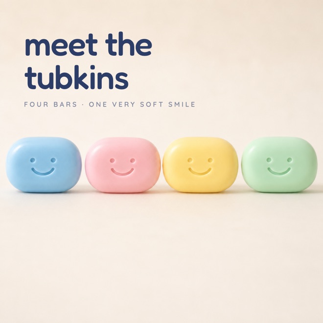 Social tile reading meet the tubkins, showing the four characters in a row.
