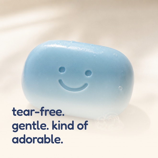 Social tile reading tear-free, gentle, kind of adorable, over the blue Tubkins bar.